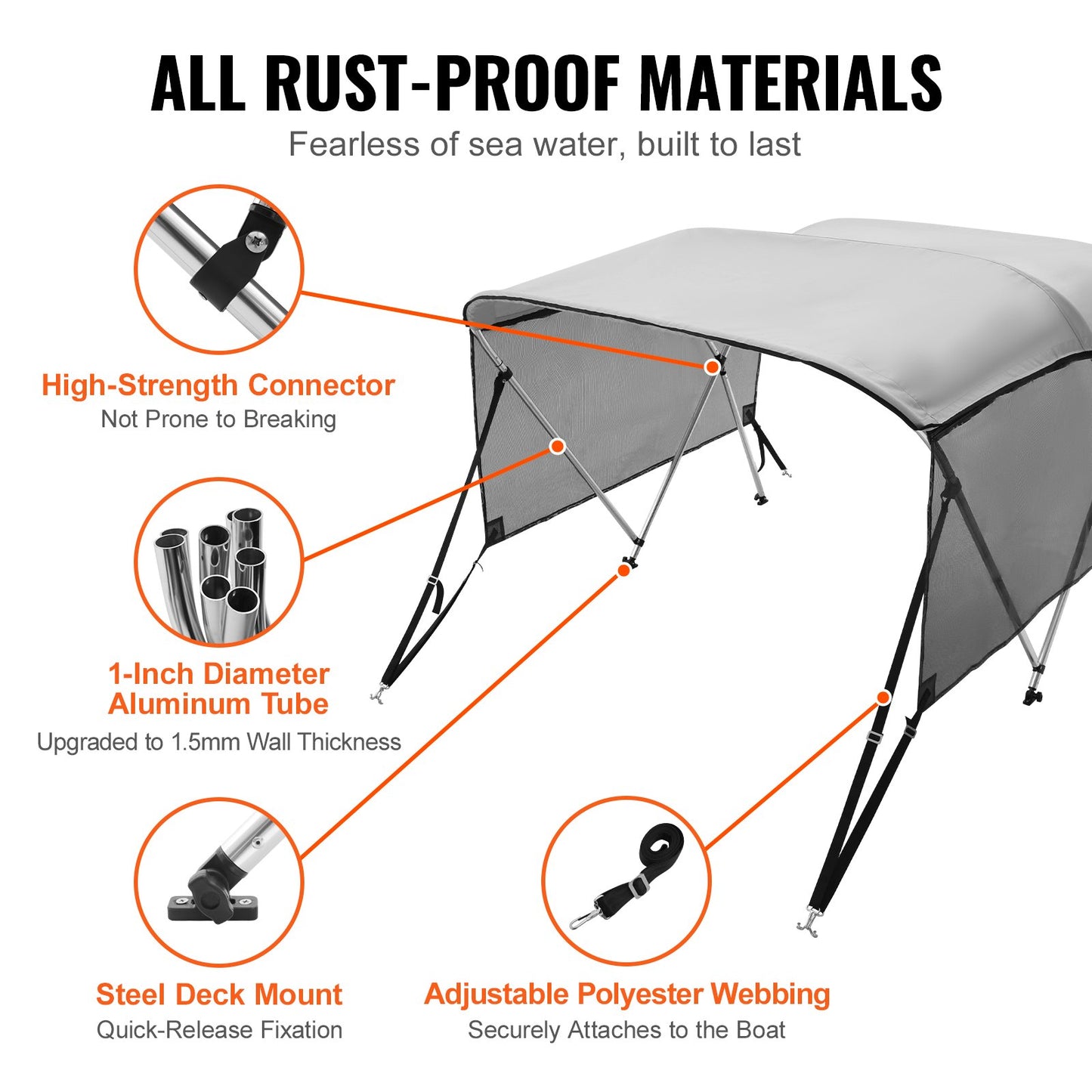 VEVOR 3 Bow Bimini Top Boat Cover, Detachable Mesh Sidewalls, 600D Polyester Canopy