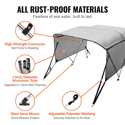 VEVOR 3 Bow Bimini Top Boat Cover, Detachable Mesh Sidewalls, 600D Polyester Canopy