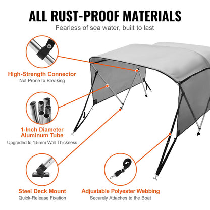 3-Bow Boat Bimini Top Cover with Mesh Sidewalls, 600D Polyester, Light Grey