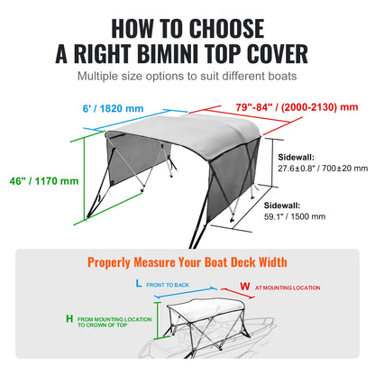 VEVOR 3 Bow Bimini Top Boat Cover, Detachable Mesh Sidewalls, 600D Polyester Canopy