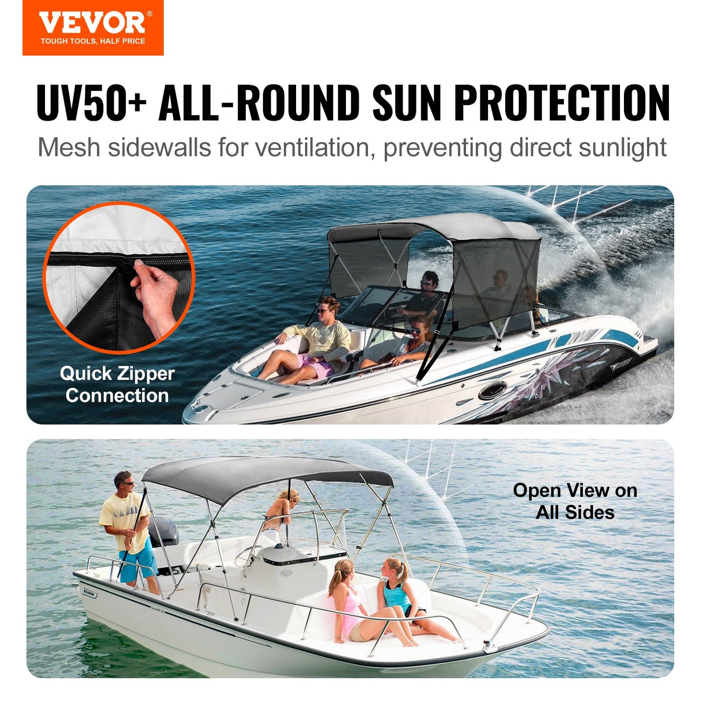 VEVOR 3 Bow Bimini Top Boat Cover, Detachable Mesh Sidewalls, 600D Polyester Canopy
