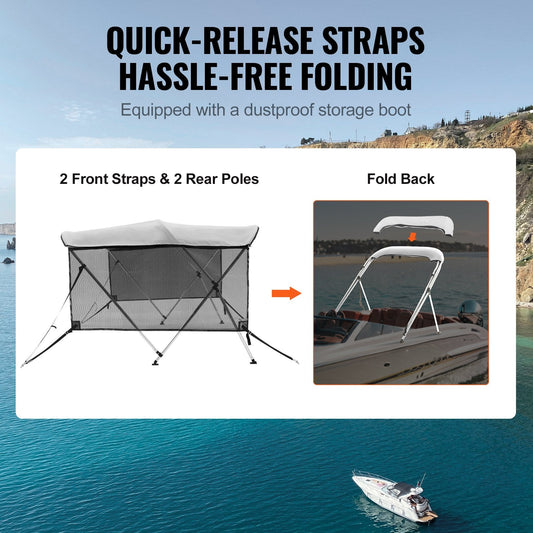 3-Bow Bimini Top with Detachable Mesh, UV50+ Protection, Light Grey, 600D Polyester