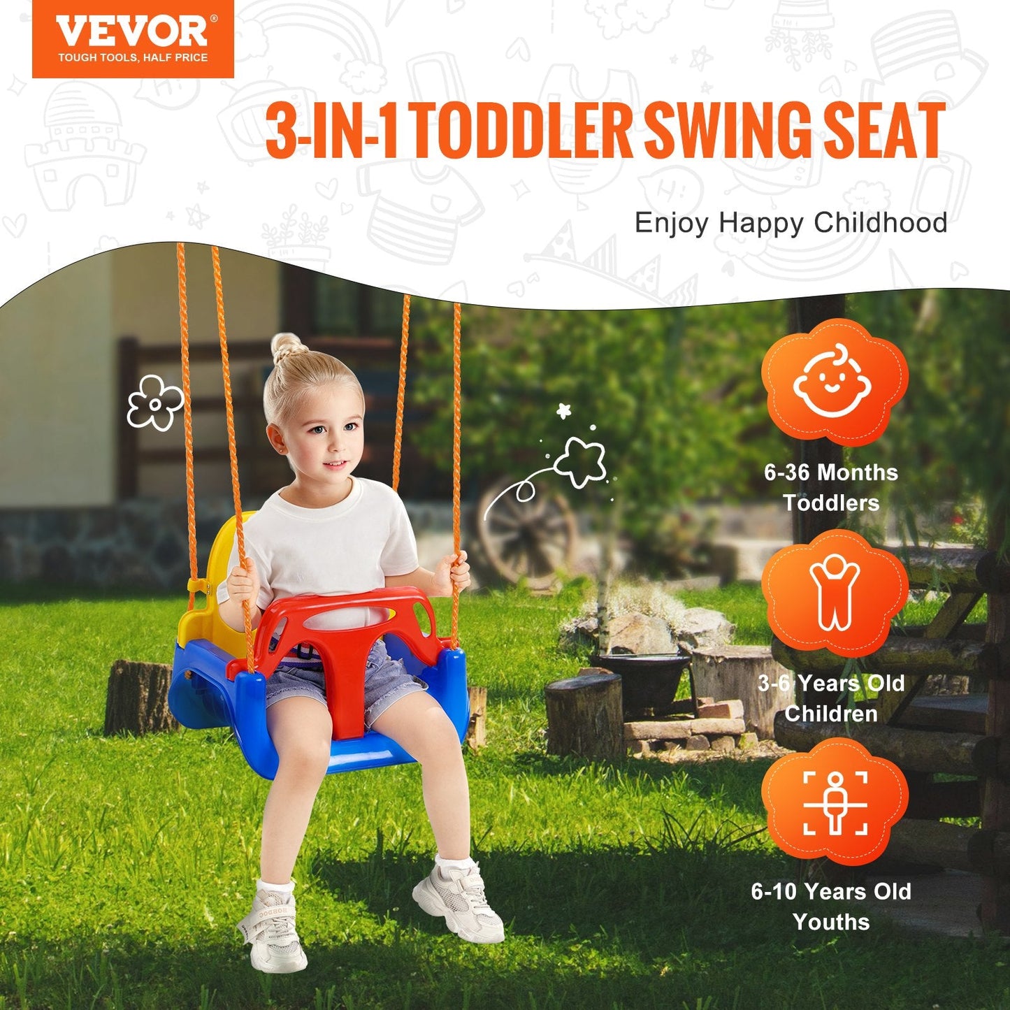 3-in-1 Toddler Swing Seat with Adjustable Ropes and Safety Locks for Indoor/Outdoor