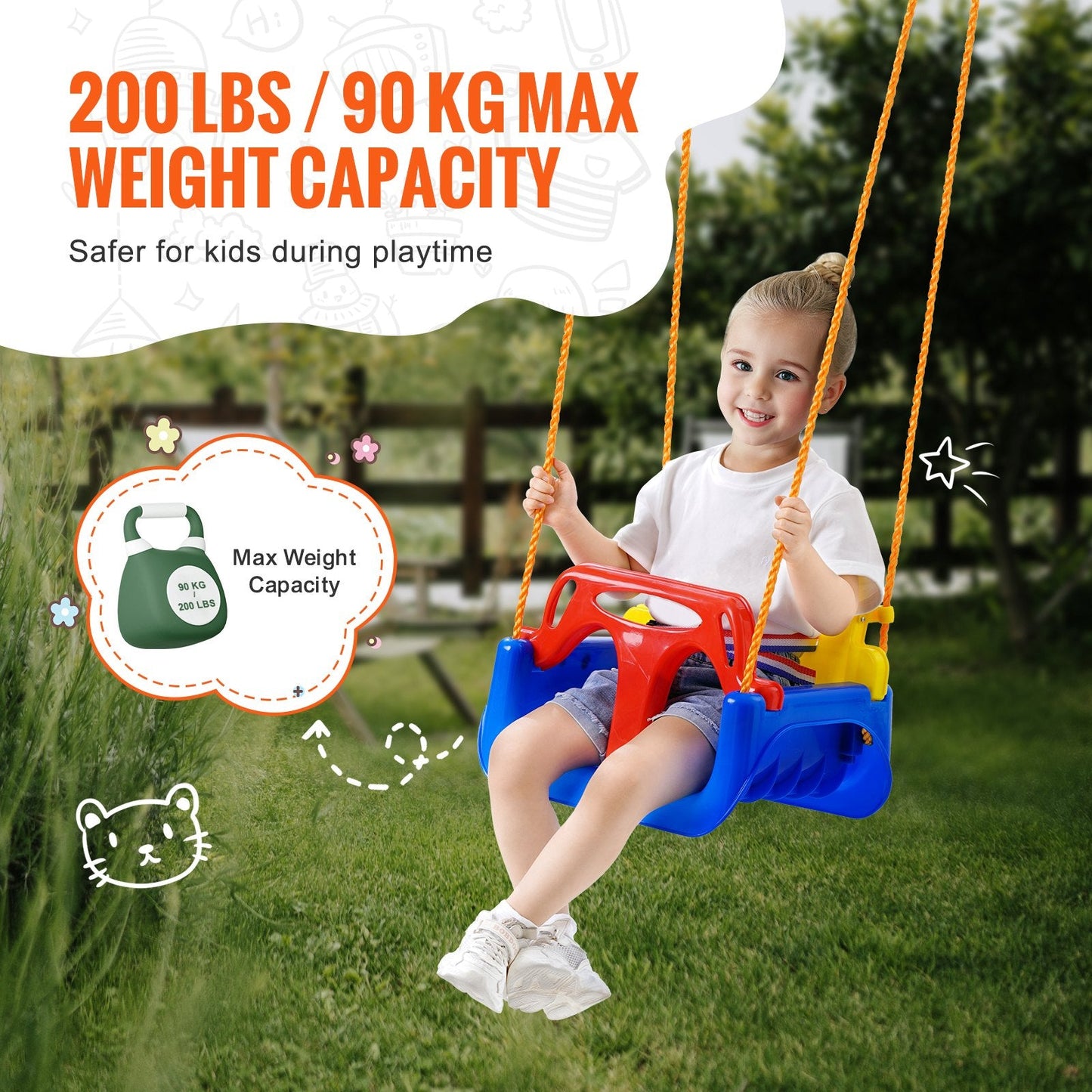 3-in-1 Toddler Swing Seat with Adjustable Ropes and Safety Locks for Indoor/Outdoor