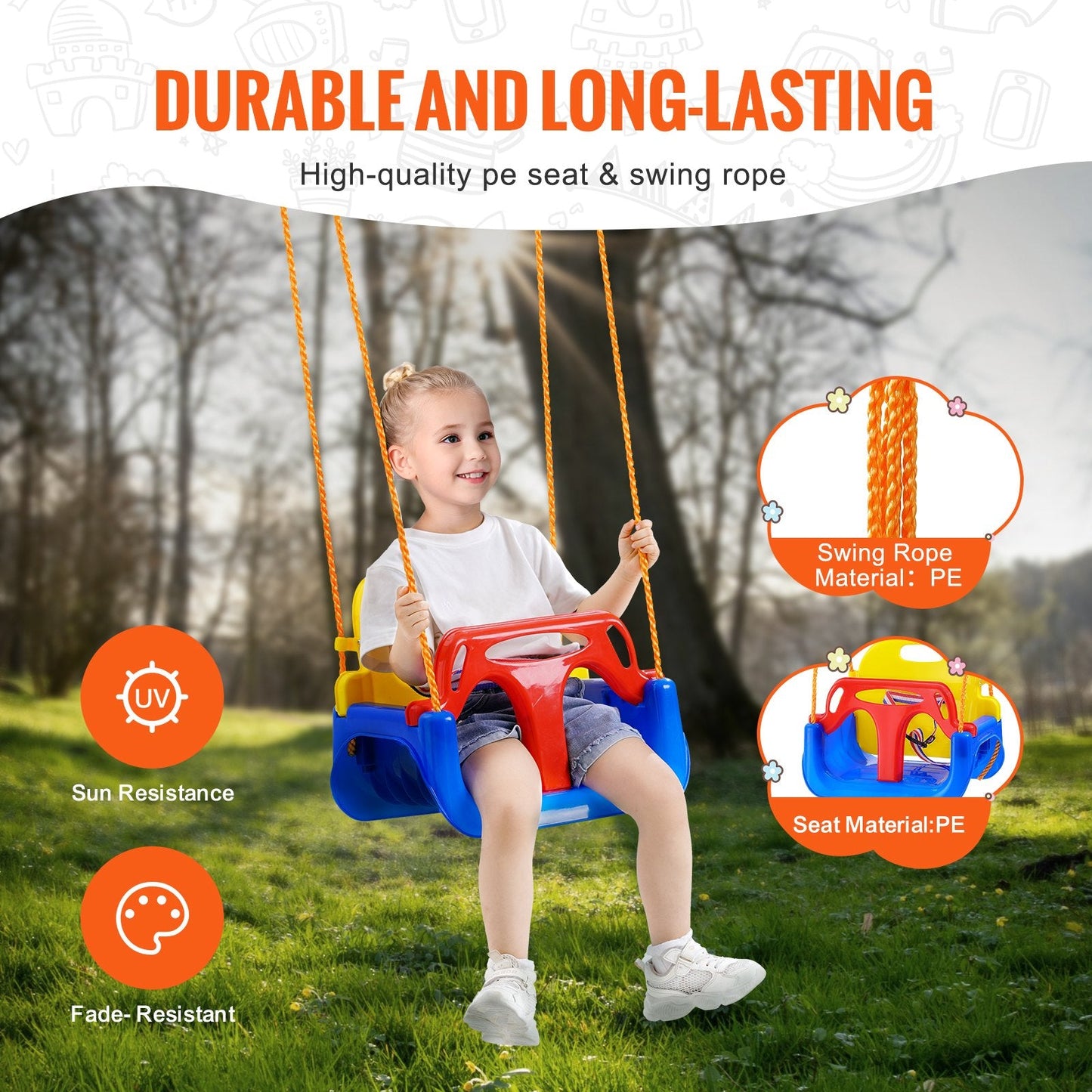 3-in-1 Toddler Swing Seat with Adjustable Ropes and Safety Locks for Indoor/Outdoor