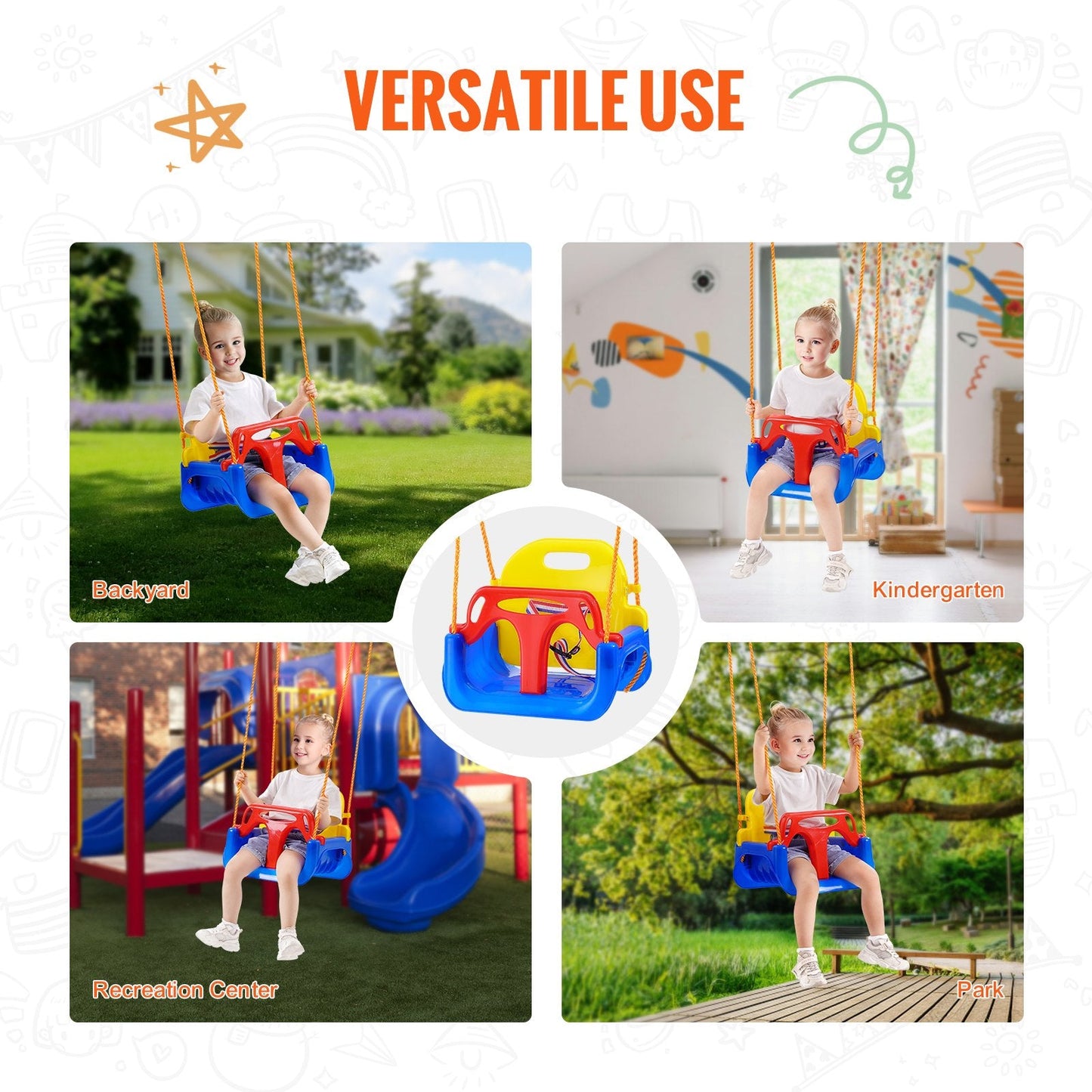 3-in-1 Toddler Swing Seat with Adjustable Ropes and Safety Locks for Indoor/Outdoor