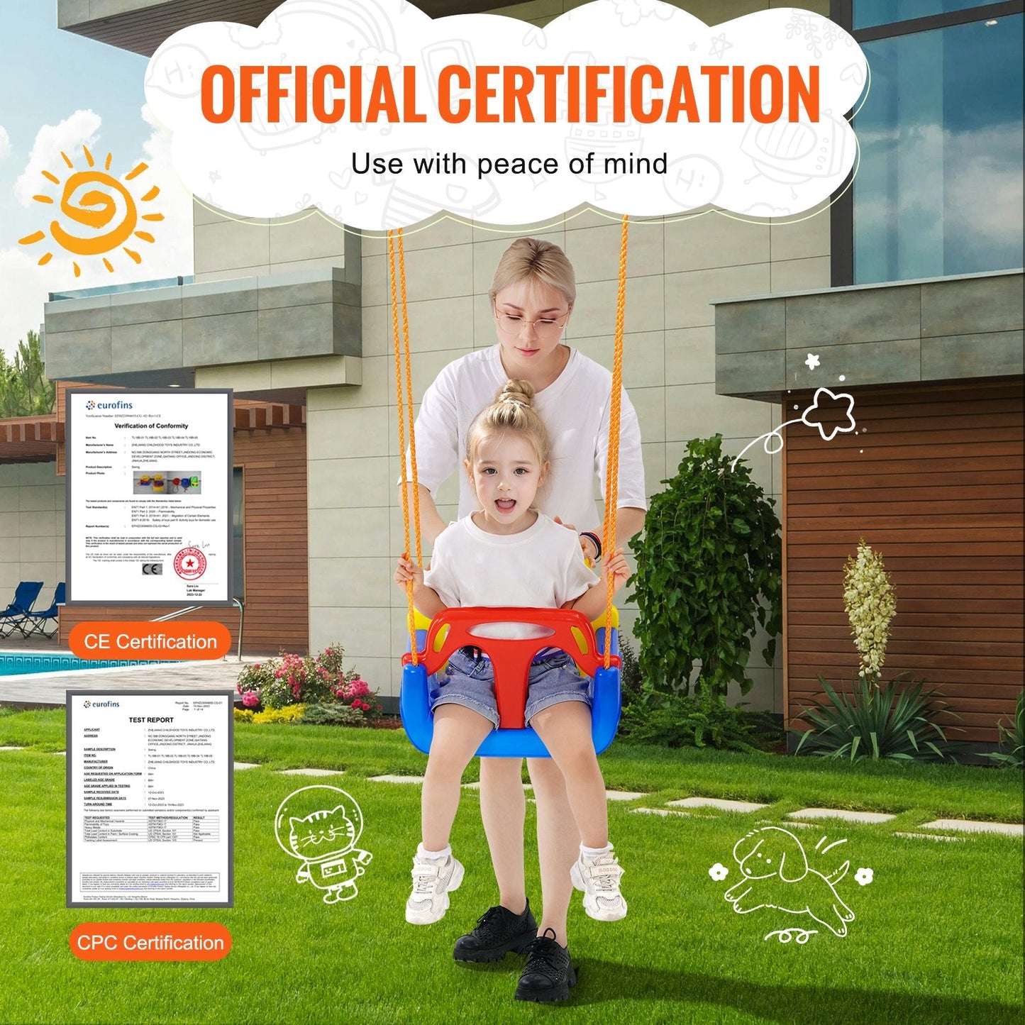 3-in-1 Toddler Swing Seat with Adjustable Ropes and Safety Locks for Indoor/Outdoor