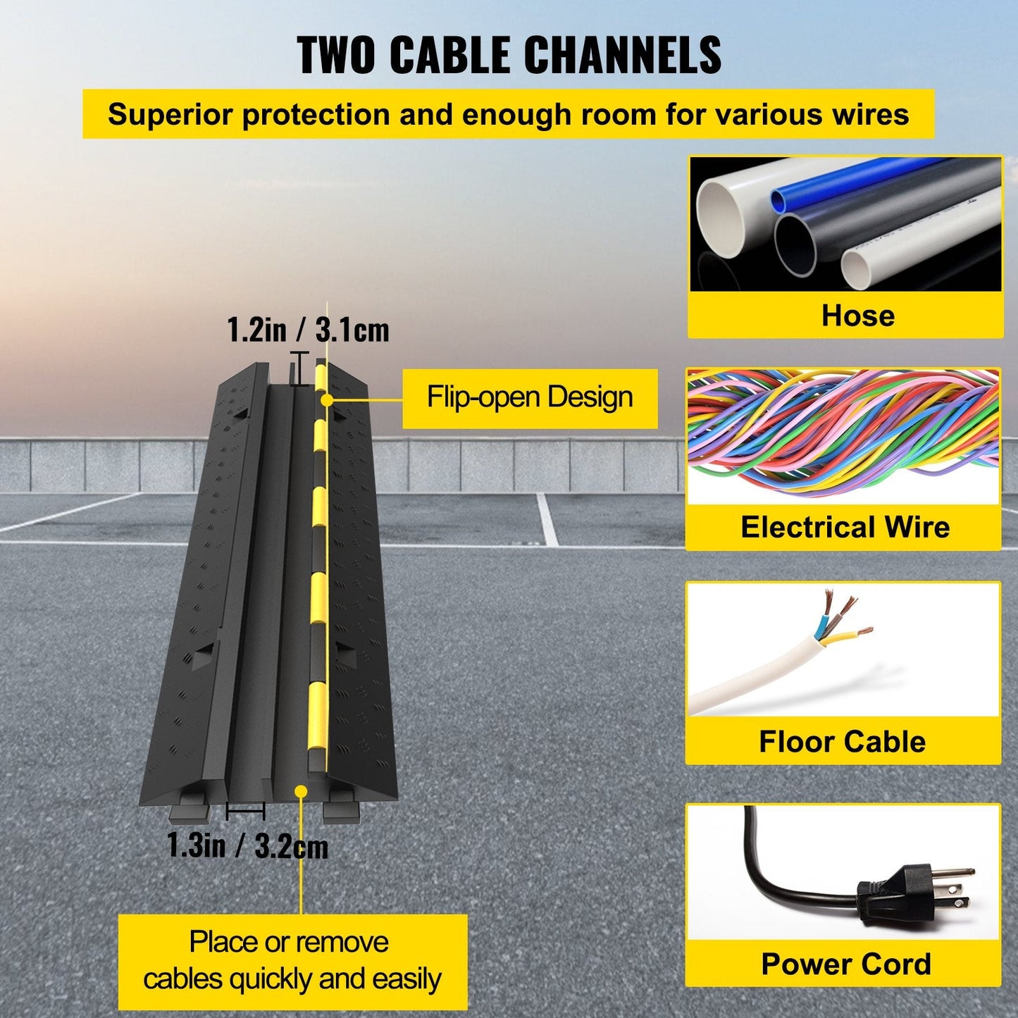 Heavy Duty Rubber Cable Protector Ramps, 2 Channels, 3 Pack, 4,989 kg Capacity