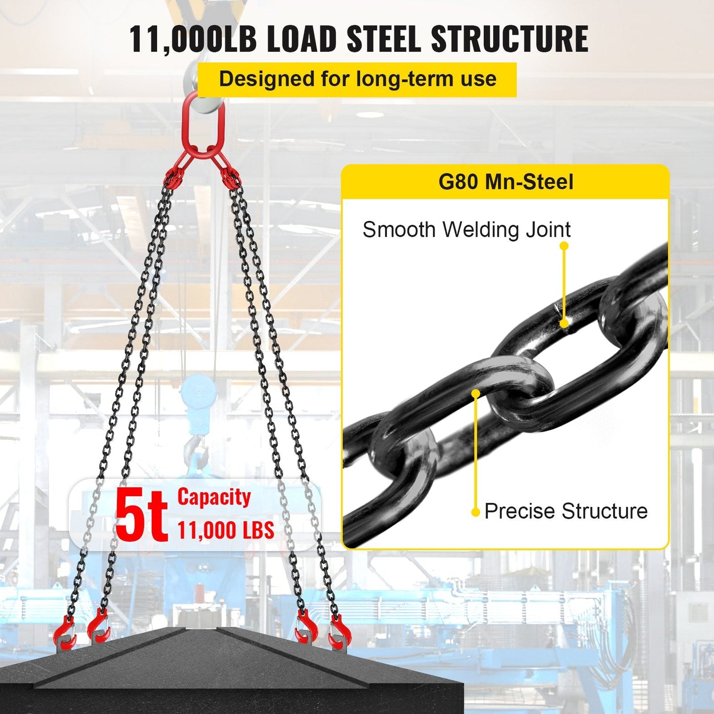 Heavy Duty G80 Alloy Steel 4-Leg Engine Lift Chain Sling, 3m, 5t Capacity