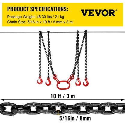 Heavy Duty G80 Alloy Steel 4-Leg Engine Lift Chain Sling, 3m, 5t Capacity
