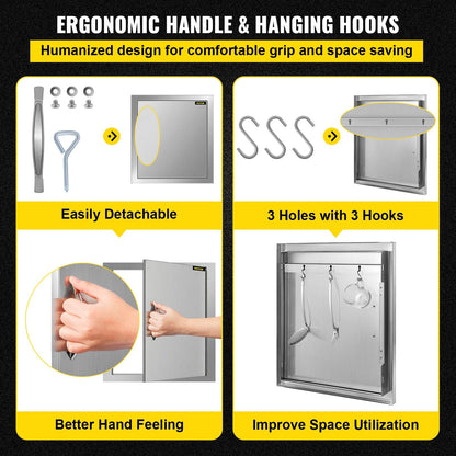 Stainless Steel Outdoor Kitchen BBQ Access Door with Hooks, 0.46 x 0.51 m, Silver