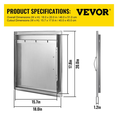Stainless Steel Outdoor Kitchen BBQ Access Door with Hooks, 0.46 x 0.51 m, Silver