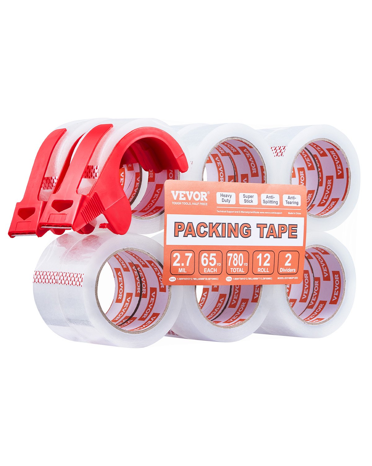 VEVOR Packing Tape 12 Rolls 65 Yards Clear Shipping Tape with Dispenser 2.7 Mil