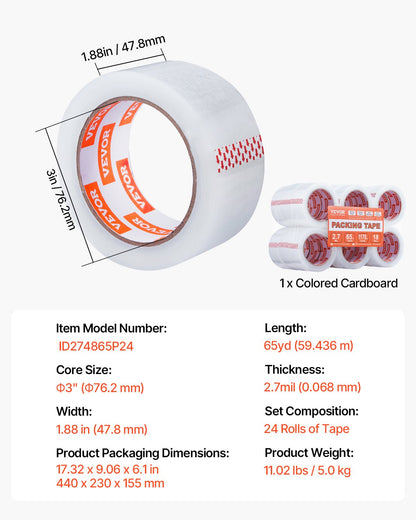 VEVOR Packing Tape 18 Rolls 65 Yards Heavy Duty Clear Packing Tapes 2.7 Mil