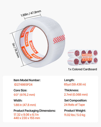 VEVOR Packing Tape 24 Rolls 65 Yards Heavy Duty Clear Packing Tapes 2.7 Mil
