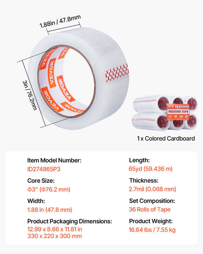VEVOR Packing Tape 36 Rolls 65 Yards Heavy Duty Clear Packing Tapes 2.7 Mil