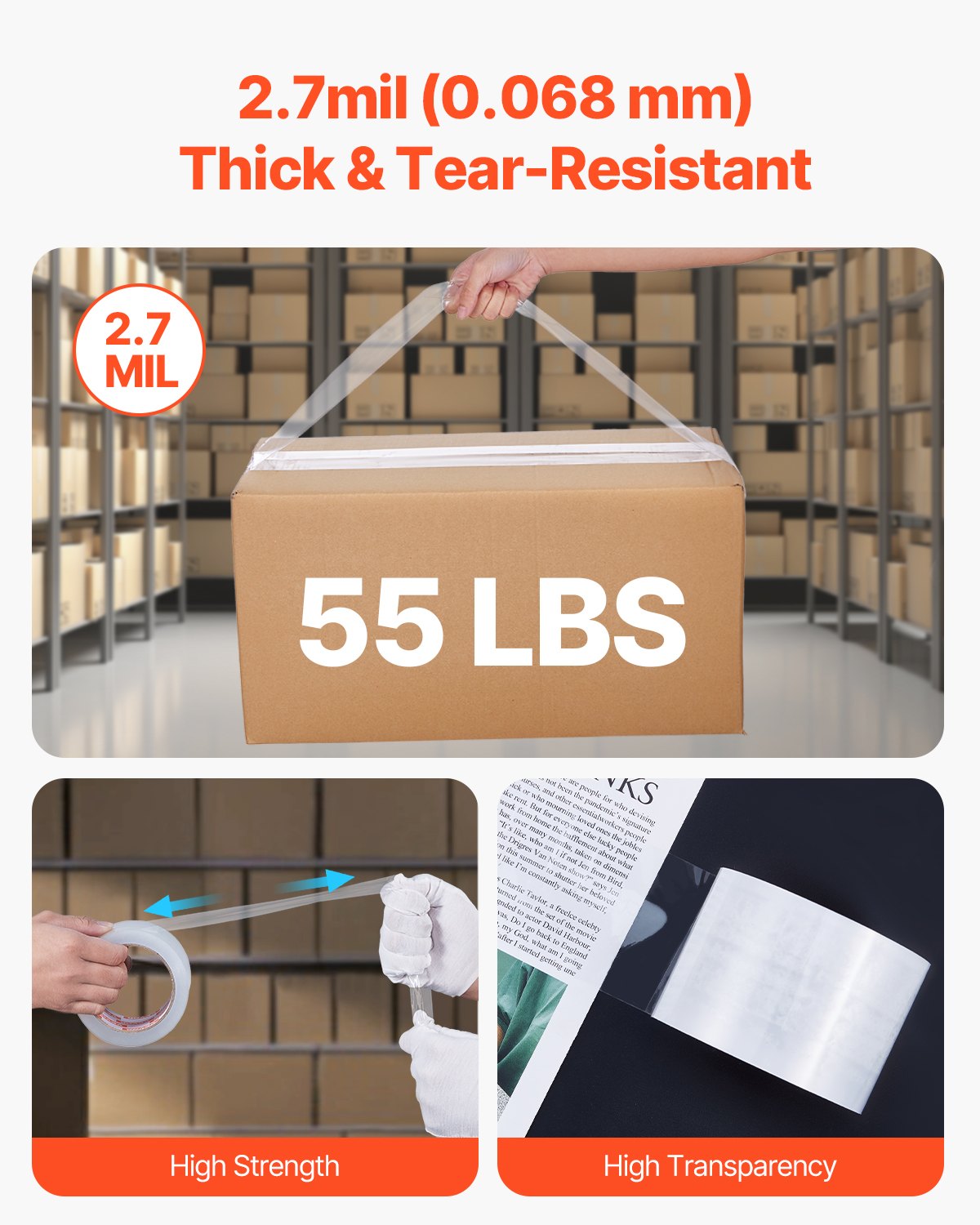 VEVOR Clear Packing Tape 6 Rolls 65 Yards Heavy Duty Clear Packing Tapes 2.7 Mil