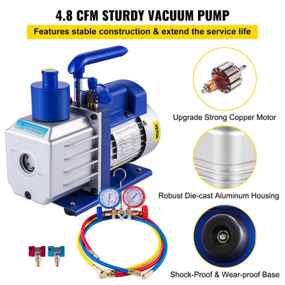 HVAC Air Refrigerant Rotary Vane Vacuum Pump, 4.8 CFM, 1/3 HP, 0.8 m, 4-Valve Gauge Set
