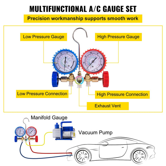 HVAC Air Refrigerant Rotary Vane Vacuum Pump, 4.8 CFM, 1/3 HP, 0.8 m, 4-Valve Gauge Set