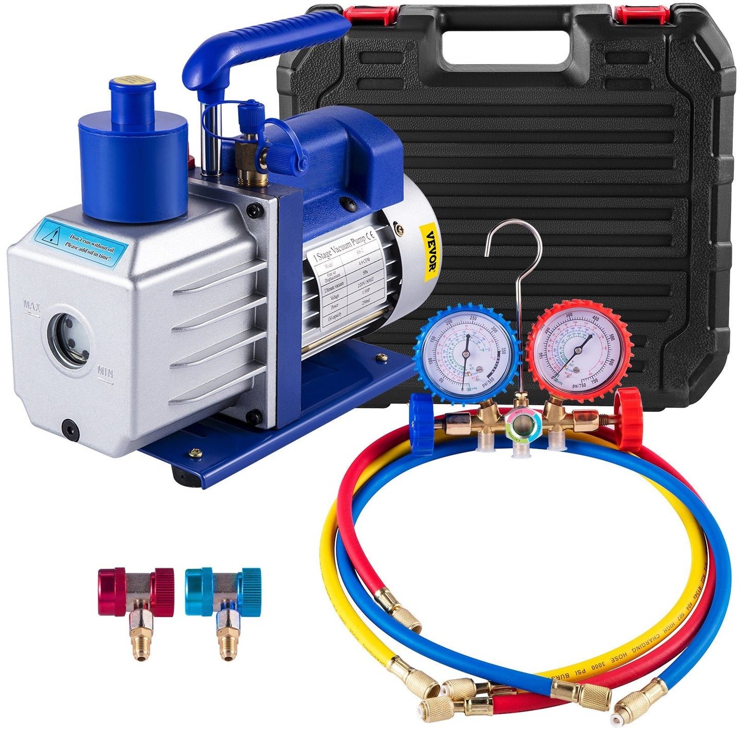 HVAC Air Refrigerant Rotary Vane Vacuum Pump, 4.8 CFM, 1/3 HP, 0.8 m, 4-Valve Gauge Set