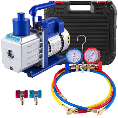 HVAC Air Refrigerant Rotary Vane Vacuum Pump, 4.8 CFM, 1/3 HP, 0.8 m, 4-Valve Gauge Set