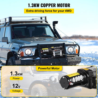 12V Electric Winch with Wireless Remote, 1814 kg Capacity, 10 m Steel Cable