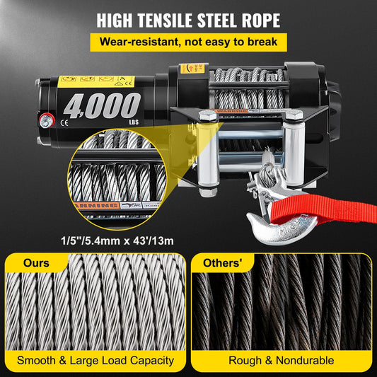 12V Electric Winch with Wireless Remote, 1814 kg Capacity, 10 m Steel Cable