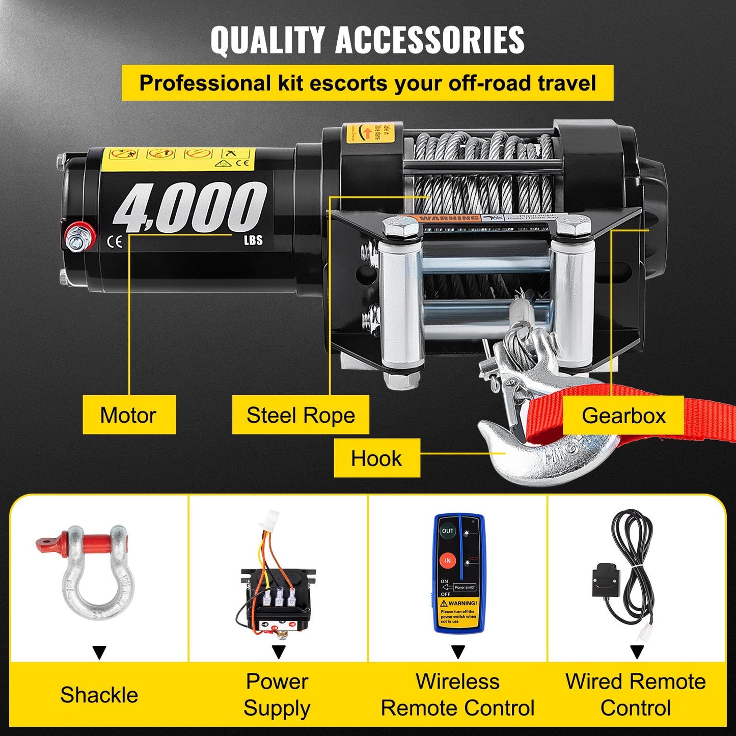 12V Electric Winch with Wireless Remote, 1814 kg Capacity, 10 m Steel Cable