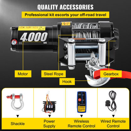 12V Electric Winch with Wireless Remote, 1814 kg Capacity, 10 m Steel Cable