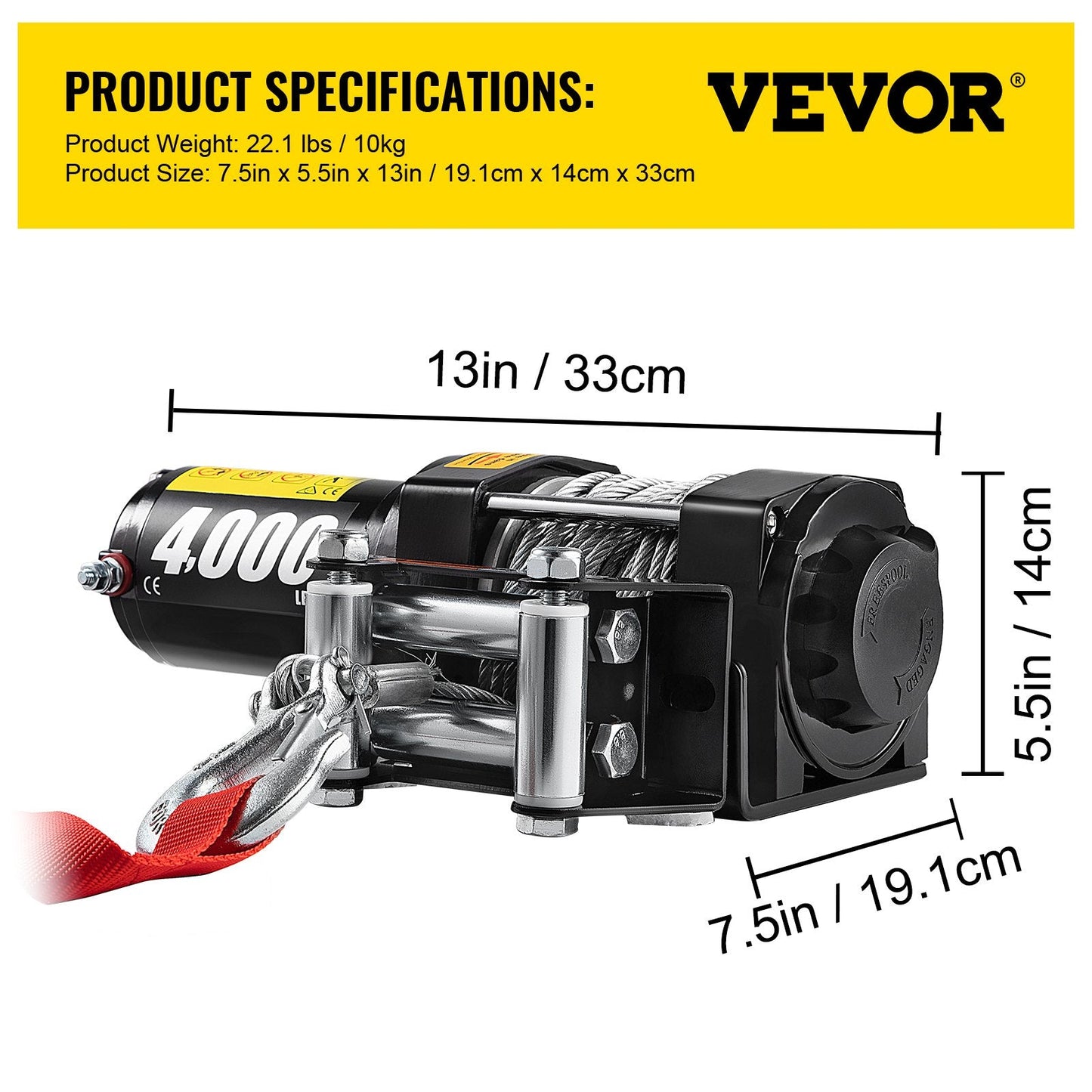 12V Electric Winch with Wireless Remote, 1814 kg Capacity, 10 m Steel Cable