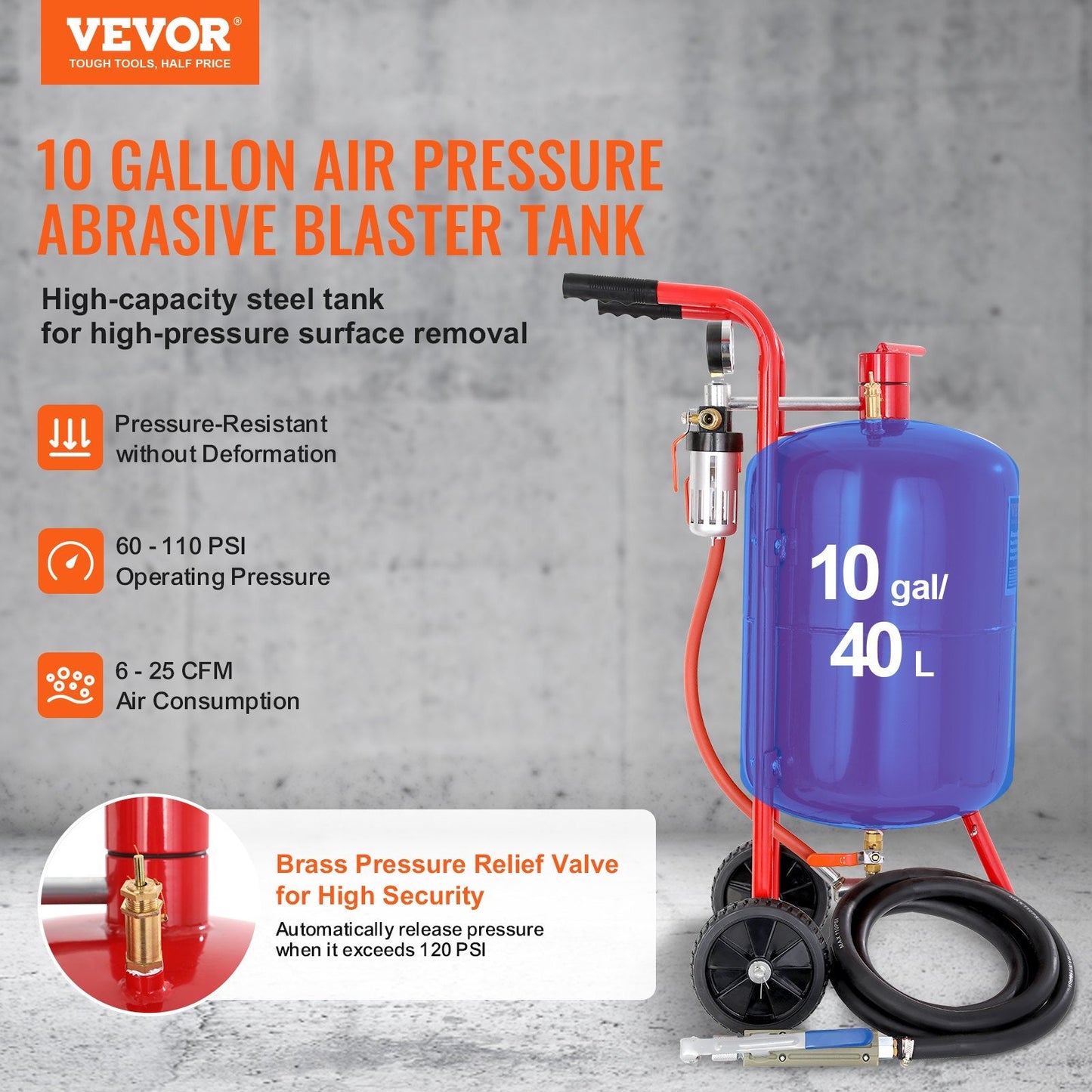 10 Gal/40 L Portable Sandblaster with Shut-Off Valve and Pressure Gauge