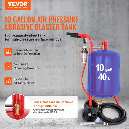 10 Gal/40 L Portable Sandblaster with Shut-Off Valve and Pressure Gauge