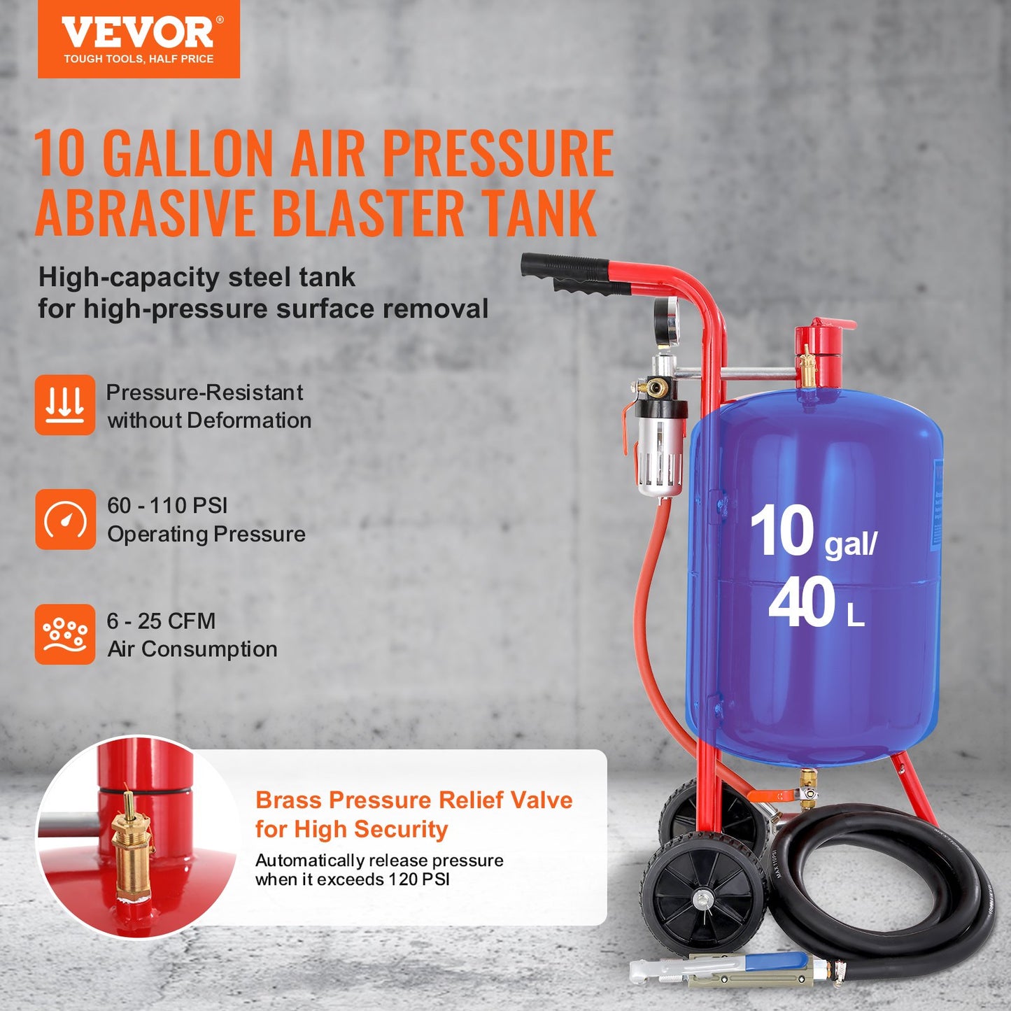 VEVOR 10Gal/40L Sandblaster Equipped w/Nozzle Shut-Off Valve Pressure Gauge Ceramic
