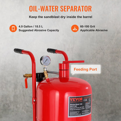 10 Gal/40 L Portable Sandblaster with Shut-Off Valve and Pressure Gauge