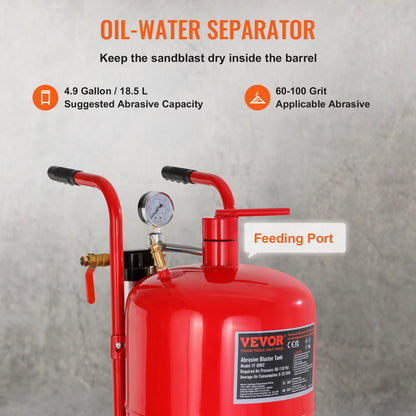 VEVOR 10Gal/40L Sandblaster Equipped w/Nozzle Shut-Off Valve Pressure Gauge Ceramic