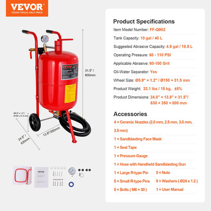 VEVOR 10Gal/40L Sandblaster Equipped w/Nozzle Shut-Off Valve Pressure Gauge Ceramic