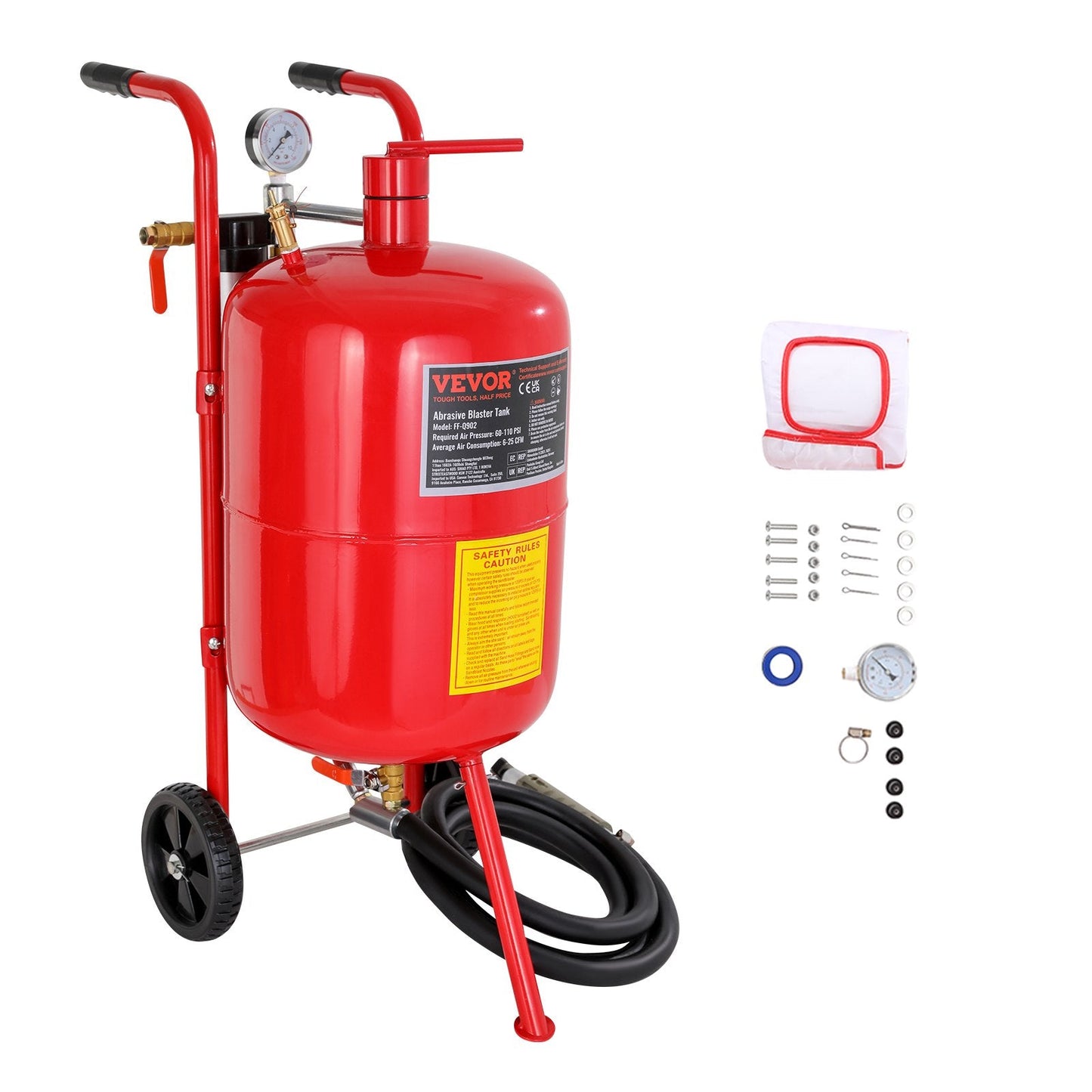 10 Gal/40 L Portable Sandblaster with Shut-Off Valve and Pressure Gauge