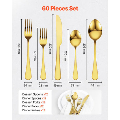 VEVOR 60-Piece Silverware Set Stainless Steel Cutlery Flatware Utensils for 12