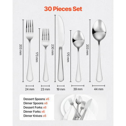 VEVOR 30-Piece Silverware Set Stainless Steel Cutlery Flatware Utensils for 6