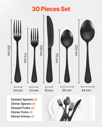 30-Piece Black Silverware Set, Food-Grade Stainless Steel Flatware Utensils for 6, Mirror Finished Cutlery Set, Dishwasher Safe Eating Tableware for Kitchen Home, Include Knife Fork Spoon
