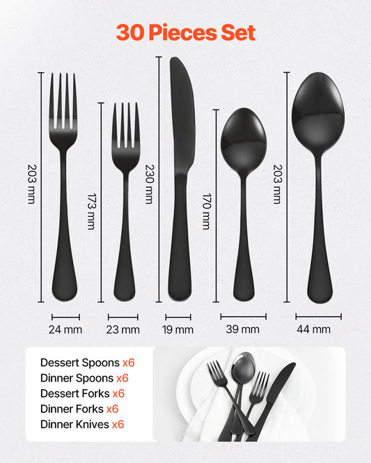 30-Piece Black Silverware Set, Food-Grade Stainless Steel Flatware Utensils for 6, Mirror Finished Cutlery Set, Dishwasher Safe Eating Tableware for Kitchen Home, Include Knife Fork Spoon