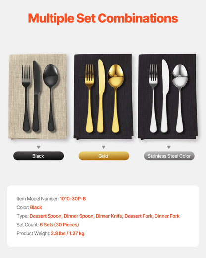 30-Piece Black Silverware Set, Food-Grade Stainless Steel Flatware Utensils for 6, Mirror Finished Cutlery Set, Dishwasher Safe Eating Tableware for Kitchen Home, Include Knife Fork Spoon
