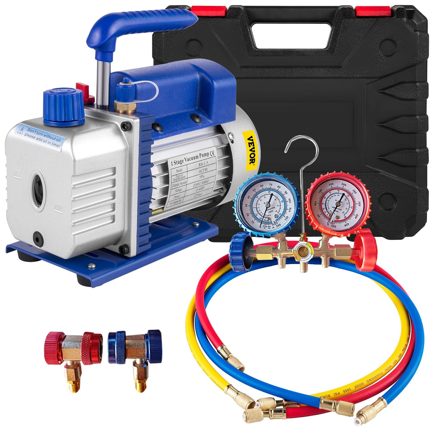 Vevor 4CFM 1/4HP Rotary Vane Vacuum Pump + R134AManifold Gauge Tester Charging +Hose