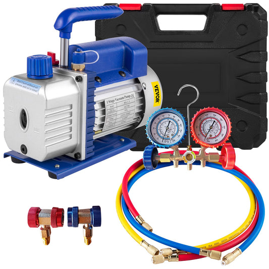 Vevor 4CFM 1/4HP Rotary Vane Vacuum Pump + R134AManifold Gauge Tester Charging +Hose
