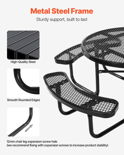  Heavy-Duty Picnic Table, Outdoor Furniture Weather Resistant Patio Dining Set, Coated Steel Tables with Umbrella Hole, 46" Round Table and Bench Set, for Garden, Backyard, Porch (Black)