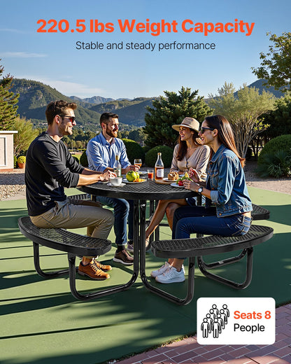  Heavy-Duty Picnic Table, Outdoor Furniture Weather Resistant Patio Dining Set, Coated Steel Tables with Umbrella Hole, 46" Round Table and Bench Set, for Garden, Backyard, Porch (Black)