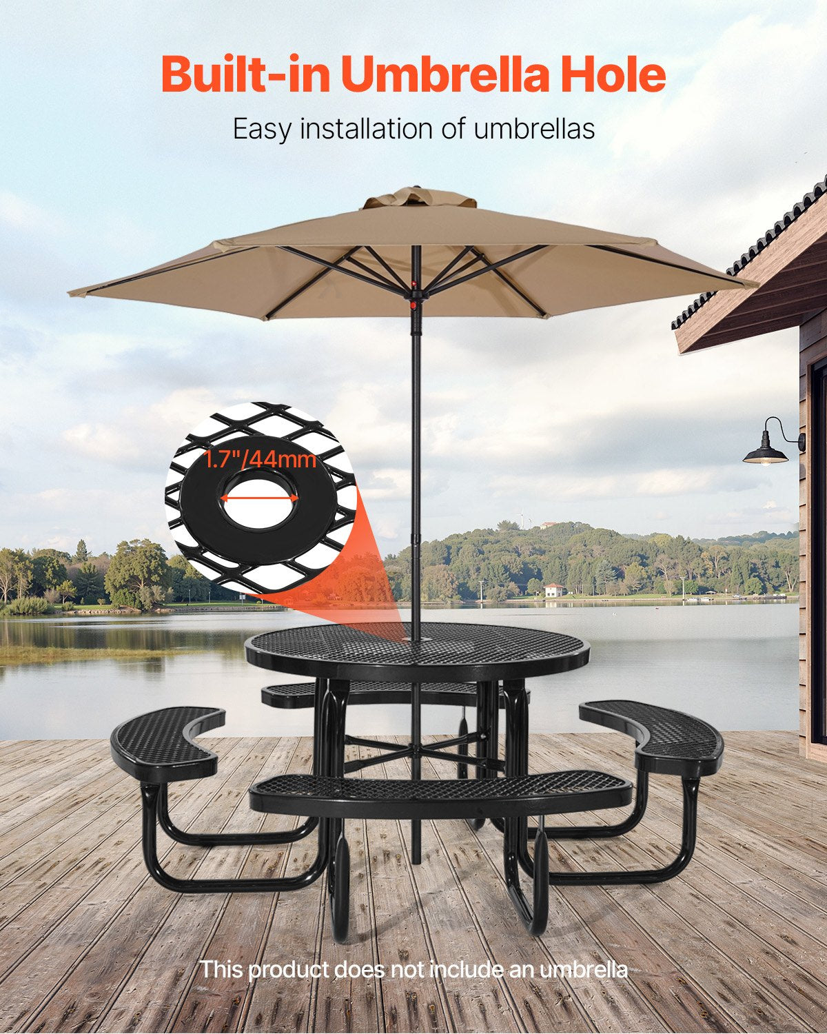  Heavy-Duty Picnic Table, Outdoor Furniture Weather Resistant Patio Dining Set, Coated Steel Tables with Umbrella Hole, 46" Round Table and Bench Set, for Garden, Backyard, Porch (Black)