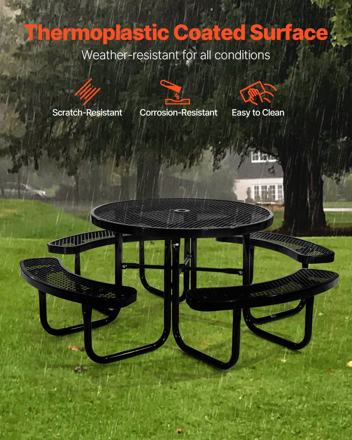  Heavy-Duty Picnic Table, Outdoor Furniture Weather Resistant Patio Dining Set, Coated Steel Tables with Umbrella Hole, 46" Round Table and Bench Set, for Garden, Backyard, Porch (Black)