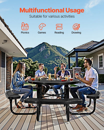  Heavy-Duty Picnic Table, Outdoor Furniture Weather Resistant Patio Dining Set, Coated Steel Tables with Umbrella Hole, 46" Round Table and Bench Set, for Garden, Backyard, Porch (Black)