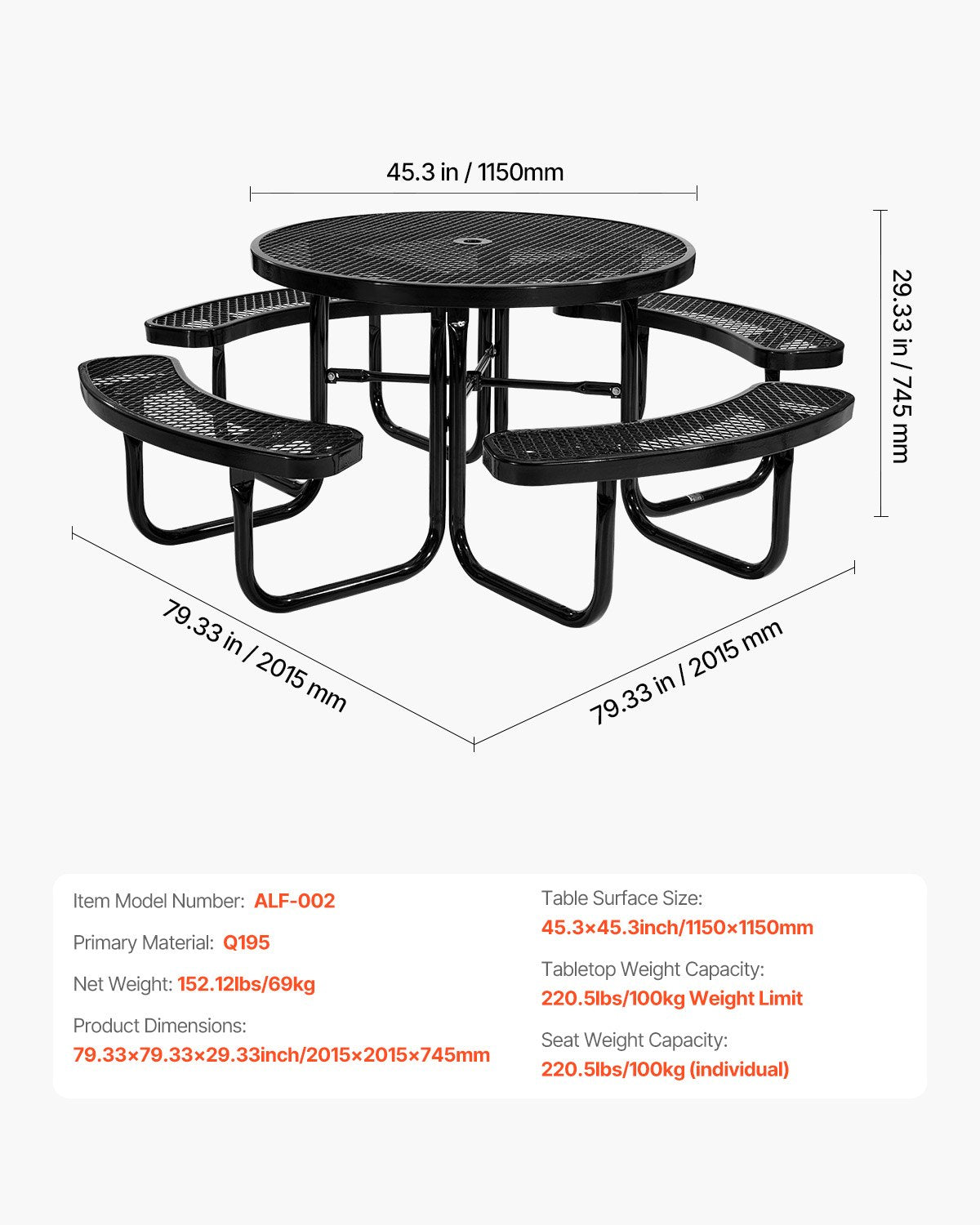  Heavy-Duty Picnic Table, Outdoor Furniture Weather Resistant Patio Dining Set, Coated Steel Tables with Umbrella Hole, 46" Round Table and Bench Set, for Garden, Backyard, Porch (Black)